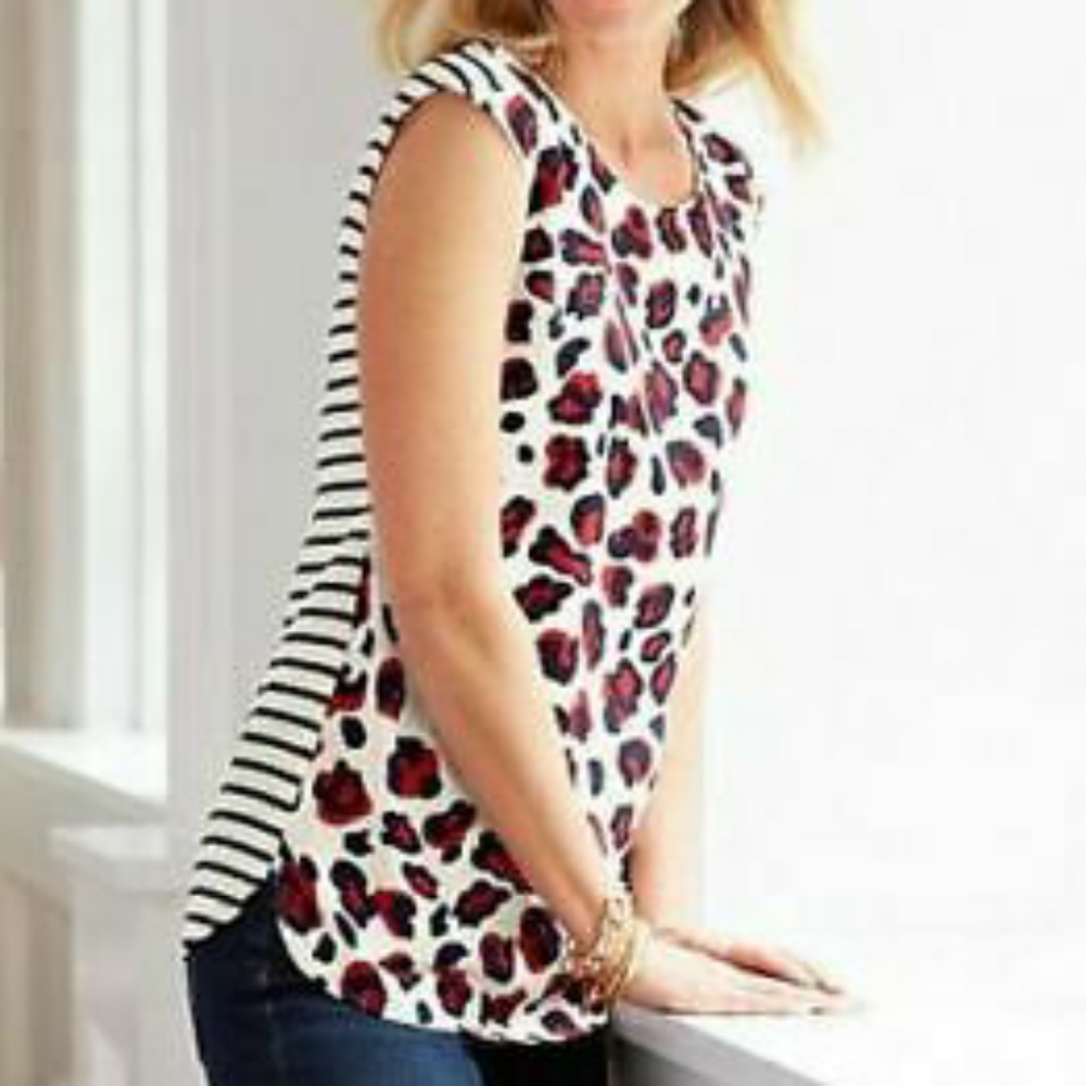 Talbots Red and Blue Animal Print Popover Blouse